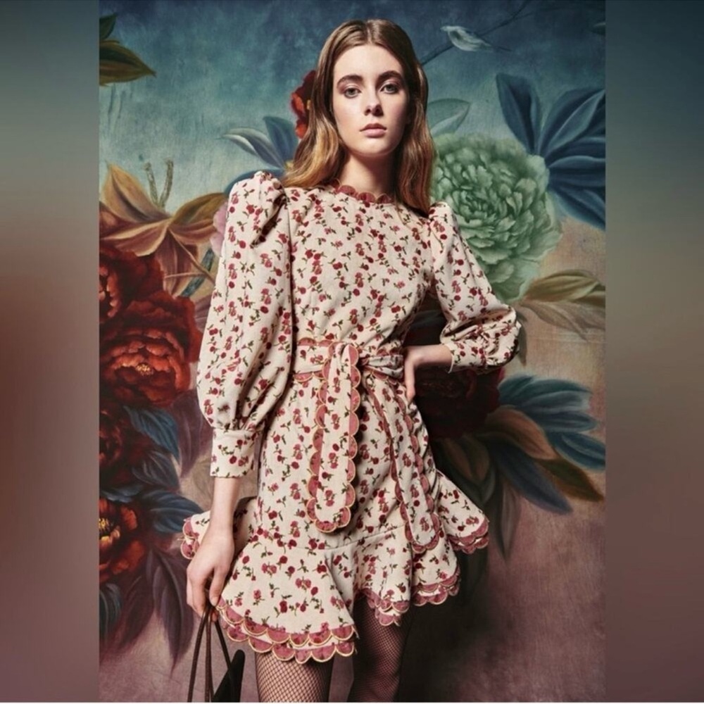 Celia B Alder White Corduroy Mini‎ Floral Rose Ruffle Puff Sleeve Dress S